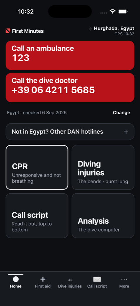 The app's home screen on a phone, in dark theme. A chip at the top right reads Hurghada, Egypt, GPS 10:32. Below it two red tiles: Call an ambulance, 123; and Call the dive doctor, +39 06 4211 5685. Under them a line reads Egypt, checked 6 Sep 2026, with a Change link, then a collapsed row: Not in Egypt? Other DAN hotlines. Below that four cards — CPR (unresponsive and not breathing), Diving injuries (the bends, burst lung), Call script (read it out, top to bottom) and Analysis (the dive computer). A tab bar along the bottom: Home, First aid, Dive injuries, Call script, More.
